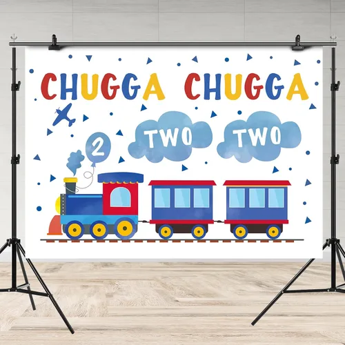 Vista 4 de Telón de fondo de feliz segundo cumpleaños de 7 x 5 pies, tren azul y rojo para niño, Chugga Chugga, dos dos nubes, plano de fotografía, fondo