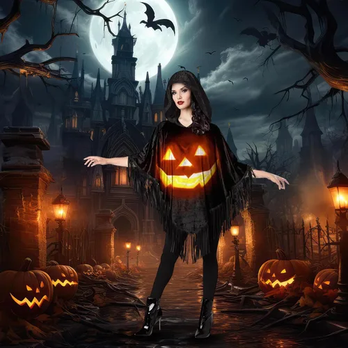 Vista 2 de Fun World Disfraz de Jack-O-Lantern Poncho para mujer, color negro, NegroNaranja
