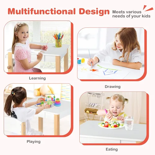 Vista 5 de Costzon Juego de mesa y silla para niños, mesa de arte con rollo de papel, cajón, 2 rotuladores, mesa de actividades de madera, adecuada para sala