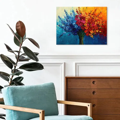 Vista 3 de Arte de pared de flores coloridas, pintura de flores silvestres, color verde azulado, rojo, naranja, textura abstracta, cuadro botánico, impresiones