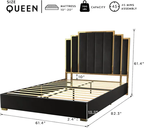 Vista 2 de HOWE Base de cama tapizada tamaño Queen de 61 pulgadas con borde chapado en Negro