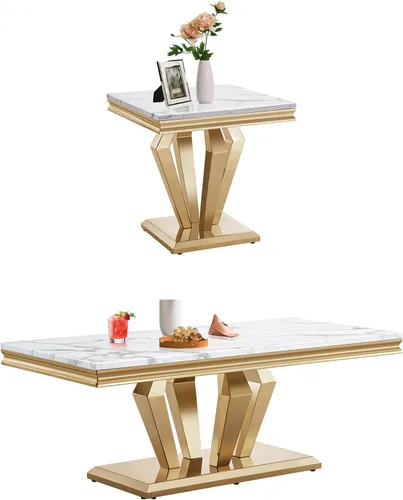 Vista 33 de SSLine Moderna mesa de centro de 1 pieza para sala de estar, mesa de centro de lujo de mármol sintético con patas de acero inoxidable en forma de S