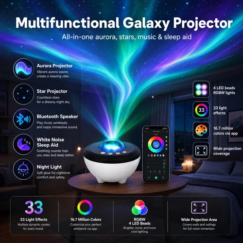 Vista 2 de Proyector de Galaxia, Proyector de Luces de Estrellas para Dormitorio con 33 Efectos de Iluminación, Proyector Aurora con Altavoz Bluetooth 5.0