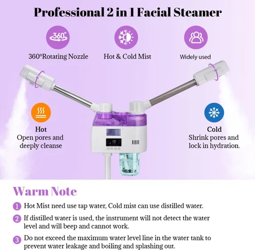 Vista 3 de Vaporizador facial profesional 2 en 1, vaporizador esteticista con niebla fría y caliente, vaporizador facial para limpieza profunda facial
