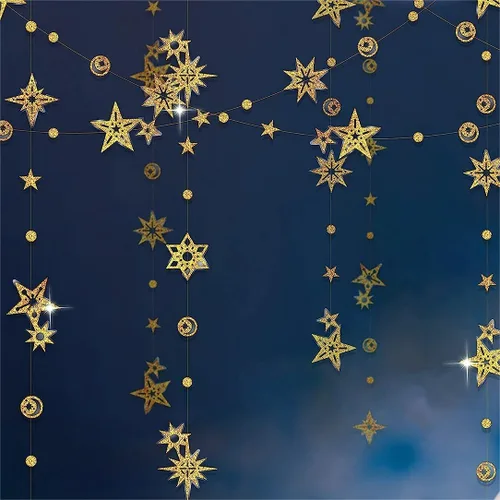 Vista 10 de Cheerland Guirnalda de Purpurina de Estrella y Luna Azul Decoraciones de Fiesta País de las Maravillas Invernal Baby Shower Serpentinas al Aire