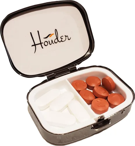 Vista 3 de Houder Pastillero decorativo de metal gris elegante con caja de regalo, lleva tus medicamentos con estilo (rectangular)
