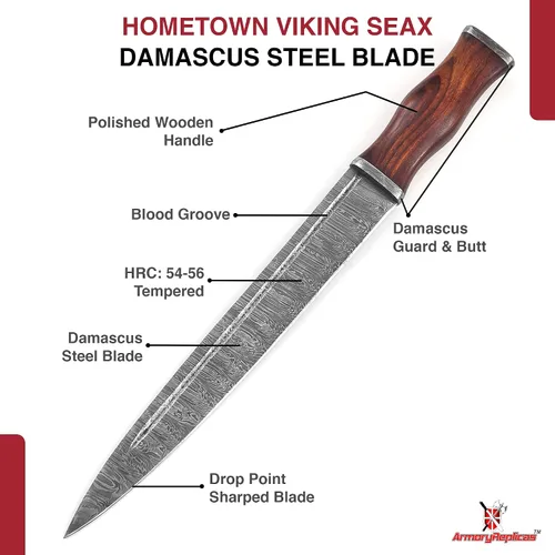 Vista 3 de Armory Replicas Hometown - Cuchillo de daga de hoja de acero Damasco con mango de madera de nogal y funda de cuero genuino