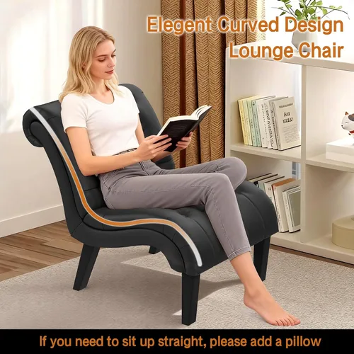 Vista 5 de Silla decorativa de piel sintética negra moderna con botones capitoné tapizada sin brazos para dormitorio, sala de estar con patas de madera Silla