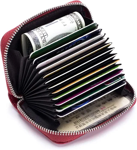 Vista 4 de Tarjetero RFID de cuero genuino para tarjetas de crédito con cremallera, Moderno