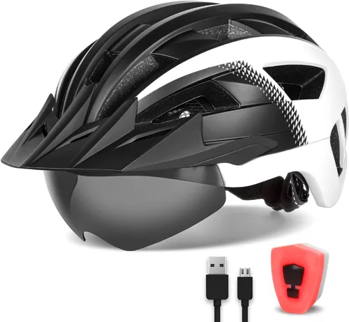 Vista 10 de Casco de bicicleta para adultos con visera y gafas para hombres y mujeres, casco de bicicleta de montaña y carretera, casco de ciclismo con luz