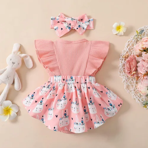 Vista 7 de Lindo mameluco para bebés y niñas con estampado de flores, encaje con volantes, lazo frontal, diadema