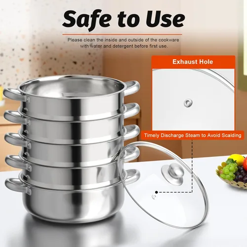 Vista 4 de Vaporizador de acero inoxidable de 5 niveles para cocinar, cajón de vapor multiusos con tapa transparente, utensilios de cocina portátiles, sartenes