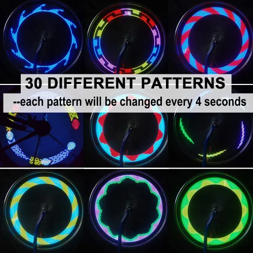 Vista 3 de Solhice 2 luces LED recargables para ruedas de bicicleta, luces impermeables para radios de bicicleta, 30 patrones de luces de neumáticos