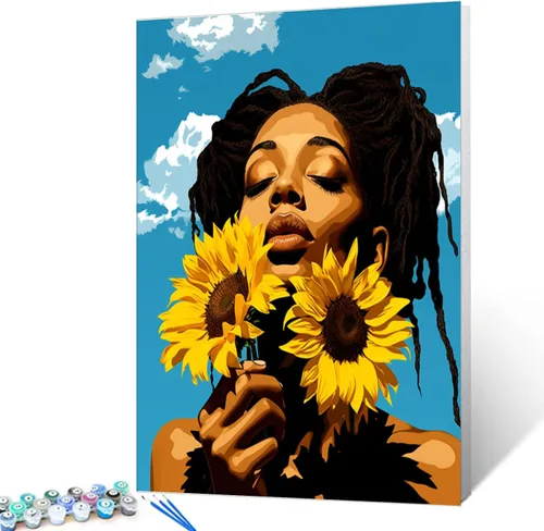 Vista 34 de Pintura por Números Afroamericana DIY Pintura Acrílica Kit de Pintura por Números para Niños Adultos Principiantes Chica Negra de Moda DIY Pintura