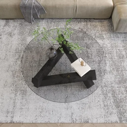 Vista 3 de Mesa auxiliar redonda de vidrio con patas de madera maciza para sala de estar (patas de nogal+vidrio gris)