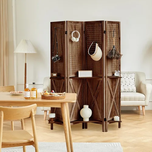 Vista 3 de Divisor de habitación de 4 paneles con estantes, pantalla de tablero de clavijas de 5.6 pies con 16 ganchos, divisor de habitación de madera