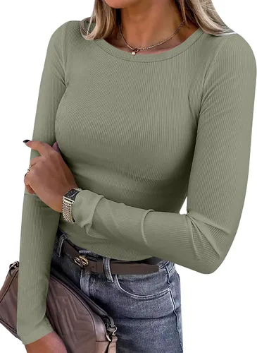 Vista 39 de ANRABESS - Camisetas de manga larga para mujer, de punto acanalado, ajustadas, básicas, 2025, informales, para usar a capas o debajo del uniforme