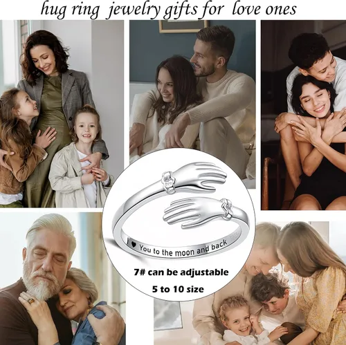 Vista 2 de Anillo de abrazo de plata de ley ajustable para seres queridos, anillos de abrazo apilables para mujeres, anillos de abrazo de mano para abrazar