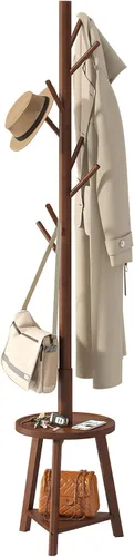 Vista 9 de BMOSU Perchero independiente con estante de madera de bambú, árbol perchero de fácil montaje, 8 ganchos, perchero de pie para chaquetas, pasillo
