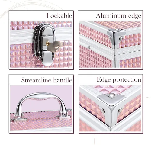 Vista 5 de Hododou Caja de maquillaje de joyería para mujer con espejo y bandeja con cerradura para cosméticos estuche de almacenamiento portátil