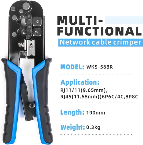Vista 2 de Crimpadora de red, cortador pelacables - RJ11 RJ12 RJ45 6P6C/4C, 8P8C Conector Crimper Alicates, para cables de red y teléfono, herramientas