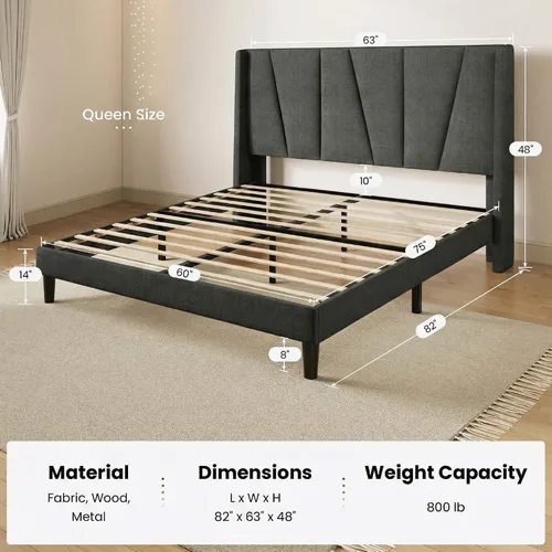 Vista 2 de SHA CERLIN Base de cama tamaño Queen con cabecera geométrica con respaldo de ala, plataforma tapizada con soporte de listones de madera, espacio Gris