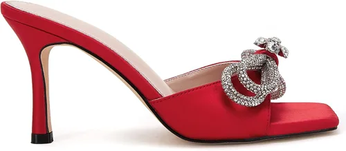Vista 2 de VETASTE Women's Heeled Sandals Square Open Toe Double Bow Satin Mules Heels Wedding Party Slip on Stilettos