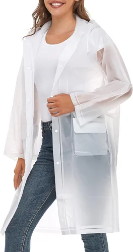 Vista 2 de JMinger Chubasqueros para mujeres y hombres, reutilizables, portátiles, impermeables, EVA, largos, poncho de lluvia con capucha