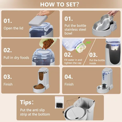 Vista 6 de Comedero y dispensador de agua automático para gatos con cuenco de acero inoxidable, comedero por gravedad para perros y bebedero para mascotas