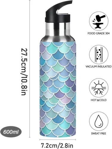 Vista 9 de BPA-Free Sports Water Bottle with Straw 32 Oz, Stainless Steel Vacuum Insulated Water Bottle for Gym Outdoor Travel School, Watercolor Mermaid