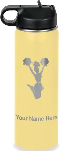 Vista 18 de LaserGram Botella de agua con tapa abatible de doble pared de 12 onzas con pajita, animadora, grabado personalizado incluido (negro)