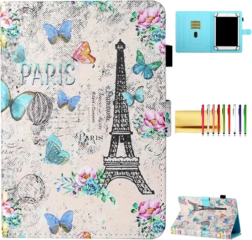 Vista 12 de Funda universal para tablet de 6.5 a 7.5 pulgadas, de piel sintética, funda protectora con ranuras para tarjetas y soporte para lápiz capacitivo