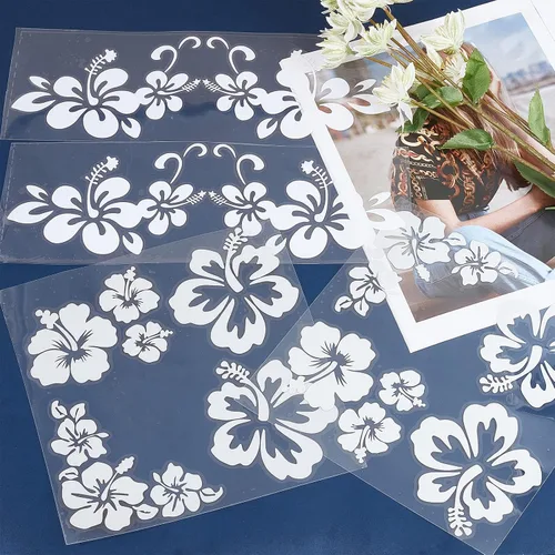 Vista 4 de GORGECRAFT 2 estilos 4 hojas de pegatinas de flores de hibisco para auto, pegatinas hawaianas reflectantes en blanco, pegatinas de parachoques