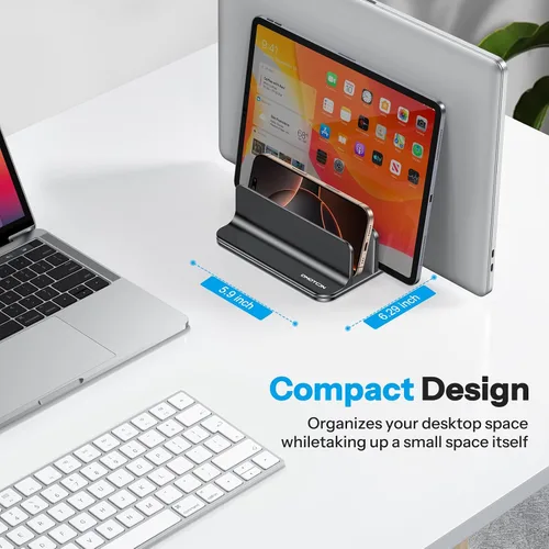 Vista 5 de Omoton Soporte vertical para laptop de 3 ranuras, soporte de escritorio de aluminio para MacBook con base ajustable, se adapta a todas las MacBook