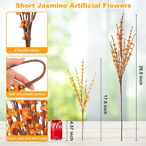 Vista 2 de Wootkey 10 piezas de flores artificiales de jazmín de tallo largo, color naranja quemado, jazmín otoñal, tallos florales de otoño para ramos