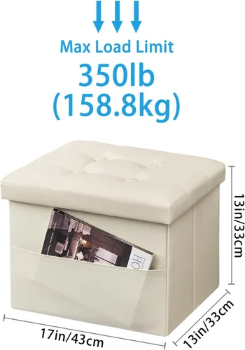 Vista 2 de Otomana con taburete de almacenamiento, otomana plegable de almacenamiento de 17 pulgadas, reposapiés tapizado de cuero con bolsillos laterales