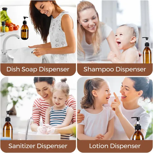 Vista 6 de Botella con bomba de vidrio ámbar de 8 onzas, dispensador de jabón vacío pequeño para aceite Refillable Dark Lotion Dispensers, Include Storage
