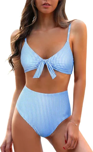 Vista 20 de Blooming Jelly - Conjunto de bikini de cintura alta para mujer, de dos piezas, con nudo, trajes de baño de talle alto Bandera americana A9