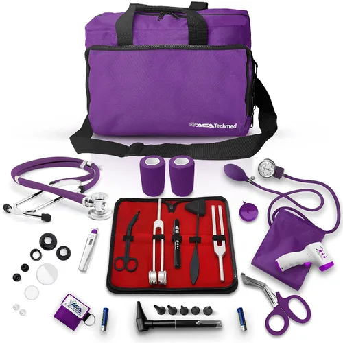 Vista 10 de ASA TECHMED Kit básico de enfermería para el trabajo, estetoscopio, monitor de presión arterial, otoscopio, diapasones y más. Kit médico de 18 Negro