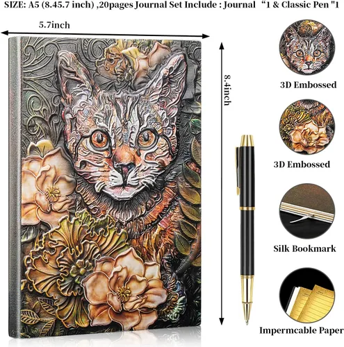 Vista 2 de Cuaderno vintage de piel con relieve 3D de gato, diario de viaje A5 con bolígrafo y recambio de bolígrafo, funda para bolígrafo, bloc de notas