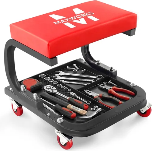 Vista 9 de MaxWorks 50874 carretilla de garaje con ruedas de plástico de 40 pulgadas con apoyacabezas acolchado y dos charolas para herramientas, 300 libras