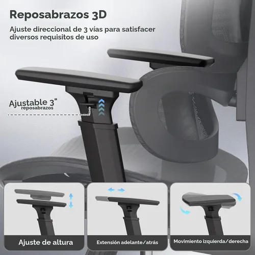 Vista 8 de Silla de oficina ergonómica, silla de escritorio ajustable con respaldo alto y asiento ajustable, reposabrazos 3D, bloqueo de inclinación reclinable