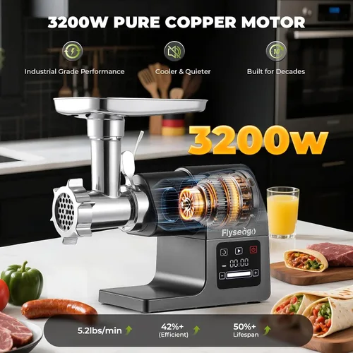 Vista 5 de Picadora de carne eléctrica de 3200 W, control táctil digital, comercial, resistente, molinillo de carne y relleno de salchichas, kit Kubbe para uso