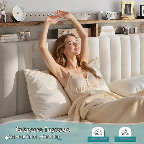 Vista 6 de EnHomee Marco de cama Full tapizada con 3 cajones de almacenamiento, cabecera de almacenamiento de 2 niveles, marco de cama de plataforma con Beige