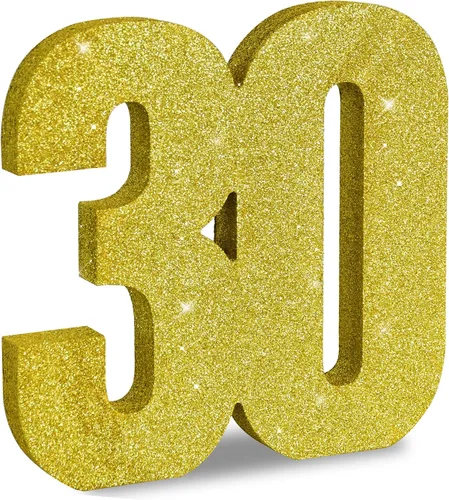 Vista 7 de TONIFUL Centros de mesa de madera número 0 con purpurina dorada de 7.8 pulgadas, decoración de fiesta de cumpleaños, oro brillante digital 0