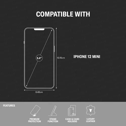 Vista 2 de TORRO Funda de cuero compatible con iPhone 12 Mini - Funda de piel auténtica tipo cartera con tarjetero y función atril (negro)