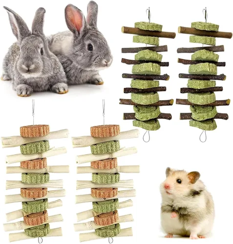 Vista 8 de Hamiledyi 4 juguetes masticables de conejo, juguetes para moler dientes, palitos de frutas naturales, pasteles de hierba Timothy orgánicos, juguetes