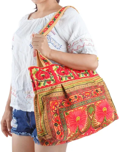Vista 2 de changnoi Bolsa de mano hecha a mano bolsa de playa bordada Hmong Tribes tamaño grande