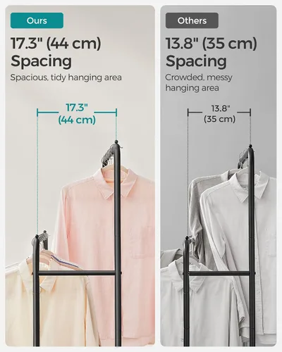Vista 4 de SONGMICS Perchero de doble barra con ruedas, perchero para colgar ropa, perchero resistente con estante de almacenamiento de malla, 2 frenos, cada