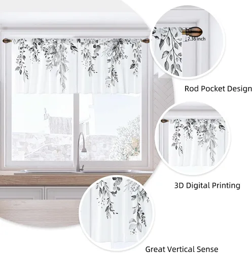 Vista 7 de Cortina de eucalipto negro y gris, cenefa para tratamiento de ventana, estilo bohemio, rústico, floral, bolsillo para barra, cortinas de ventana